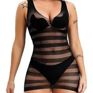 Black Sleeveless Fishnet Stretch Mesh Mini Dress - One Size